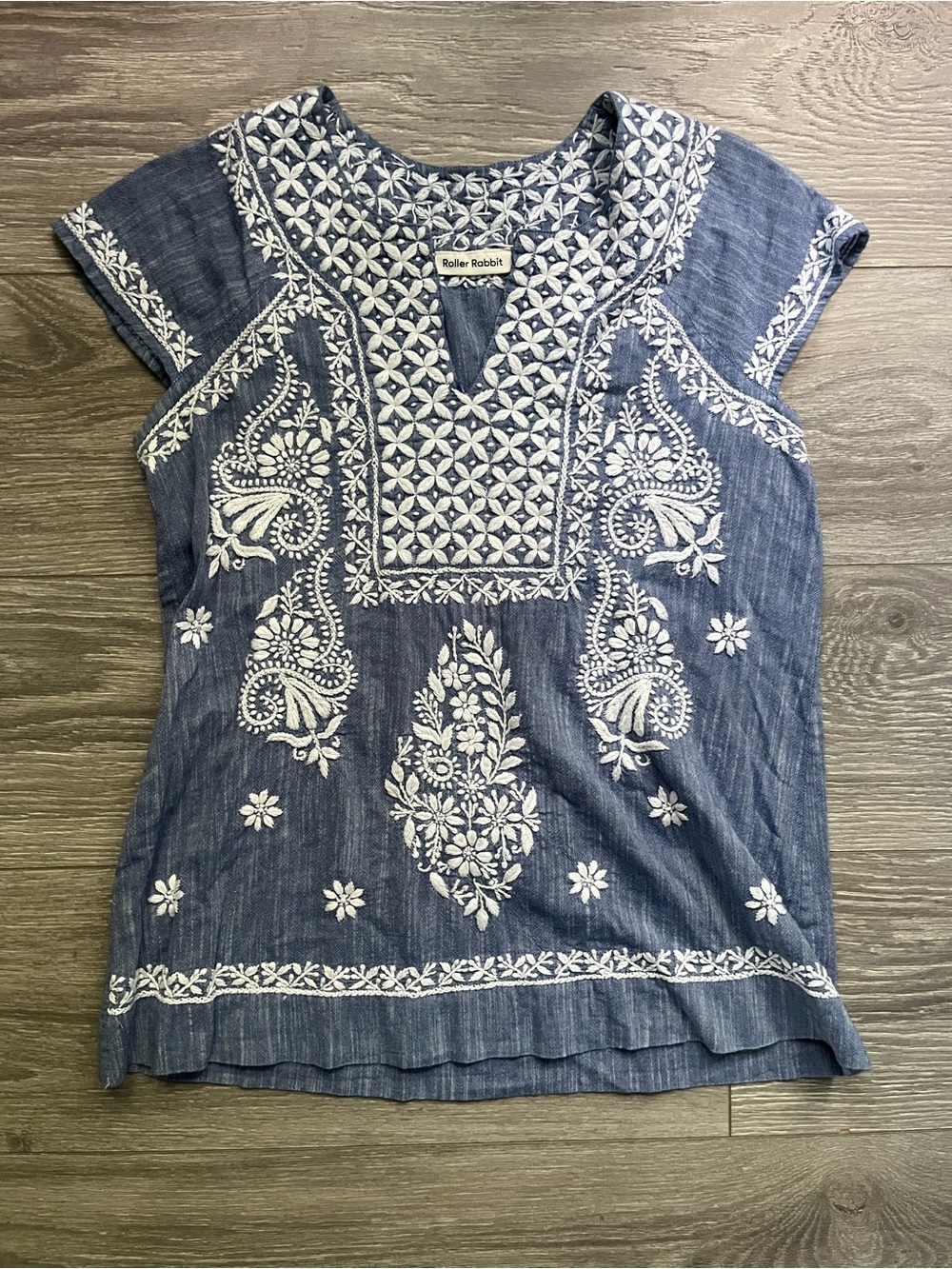 Roller Rabbit Blue White Cap Sleeve Embroidered 100% Cotton Boho Preppy Top S